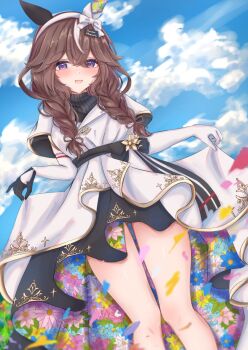 1girl animal_ears braid breasts brown_hair cdsola commentary_request curren_bouquetd'or_(umamusume) dress elbow_gloves gloves grey_eyes hair_between_eyes hair_ornament highres horse_ears horse_girl horse_tail long_hair low_twin_braids open_mouth petals sky solo tail thighs twin_braids umamusume