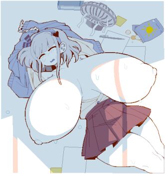1girl blush breasts breasts_apart breasts_out dizzyspells electric_fan gigantic_breasts hairband medium_hair nipples original pale_skin paper pencil pixel_art school_uniform skirt sleeping sweat thighs topless_female