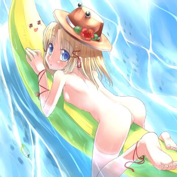 1girl ass bad_id bad_pixiv_id banana_boat barefoot blonde_hair blue_eyes breasts completely_nude feet female_focus flower from_behind hat hiraga_matsuri hirasato loli lying moriya_suwako nude on_banana on_stomach pussy ribbon short_hair small_breasts solo touhou water wet yukkuri_shiteitte_ne