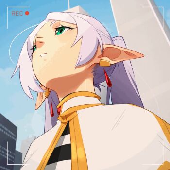 1girl 9/11 aircraft airplane animated animated_gif building earrings elf frieren green_eyes grey_hair jewelry khyle. looking_up meme plane pointy_ears recording sousou_no_frieren united_states upward_angle_frieren_drawing_(meme) video