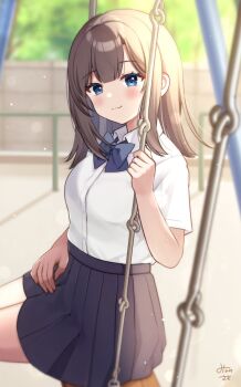 1girl :3 blue_bow blue_bowtie blue_eyes blue_skirt blurry blurry_background blush bow bowtie breasts brown_hair buttons chain closed_mouth collared_shirt commentary depth_of_field dot_nose dress_shirt feet_out_of_frame from_side hair_intakes hand_on_own_thigh hand_up highres holding holding_chain legs_together light_particles looking_at_viewer medium_breasts medium_hair minami_saki miniskirt on_swing original outdoors parted_bangs playground pleated_skirt railing sand school_uniform shirt shirt_tucked_in short_sleeves signature sitting skirt solo swing swing_set symbol-only_commentary white_shirt wing_collar