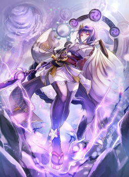 1girl asymmetrical_sleeves blunt_bangs blurry blurry_background braid bridal_gauntlets buddhism commentary_request depth_of_field electricity engulfing_lightning_(genshin_impact) floating flower flower_ornament genshin_impact glowing glowing_eye glowing_weapon hair_ornament head_tilt highres holding holding_polearm holding_weapon japanese_clothes kimono leaning_back leaning_to_the_side light_particles long_braid long_hair looking_at_viewer looking_down looking_to_the_side mitsudomoe_(shape) mole mole_under_eye multicolored_hair nekobayashi open_mouth outdoors polearm powering_up purple_eyes purple_flower purple_hair purple_kimono purple_thighhighs raiden_shogun red_sash sash shade single_braid solo standing storm streaked_hair thick_thighs thighhighs thighs tomoe_(symbol) uneven_sleeves walking weapon