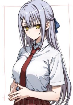1girl blush breasts commentary_request fujino_shiroha grey_hair hair_ornament hairclip long_hair looking_at_viewer medium_breasts midriff nanathuki necktie nue_no_onmyouji school_uniform skirt upper_body yellow_eyes