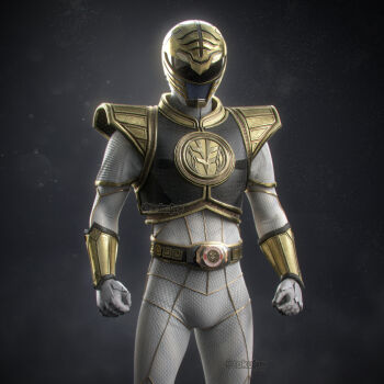 1boy 3d arm_guards armor artist_name belt bodysuit dino_buckler gloves gold_armor gold_trim helmet highres kiba_ranger mighty_morphin_power_rangers mighty_morphin_white_ranger power_rangers shoulder_armor standing tokujay tokusatsu twitter_username white_bodysuit