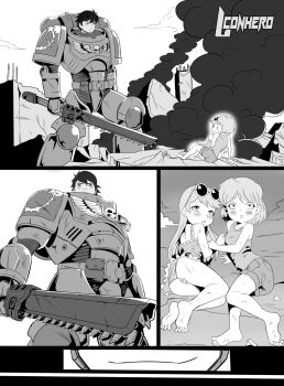1girl 2girls aged_down ass black_hair blonde_hair blush breasts character_request comic dirty feet glasses highres l-conhero legs leni_loud loli looking_at_another looking_at_viewer lori_loud mecha monochrome multiple_girls open_mouth panties robot shirt short_hair shorts skull small_breasts smile smoke standing sword t-shirt the_loud_house tower underwear warhammer_40k weapon wings