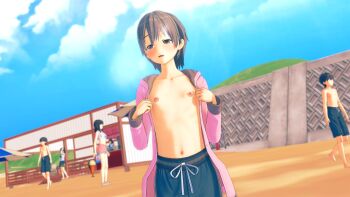 2boys 3d 4girls artist_request beach blue_male_swimwear blue_sky blue_swim_trunks blurry blurry_background blush breasts crossdressing drawstring exhibitionism flat_chest grey_eyes grey_hair highres idolmaster idolmaster_cinderella_girls jacket male_swimwear male_swimwear_challenge multiple_boys multiple_girls nipples open_clothes open_jacket otokura_yuuki pink_jacket public_indecency reverse_trap sand short_hair sky source_request standing swim_trunks tagme topless_female