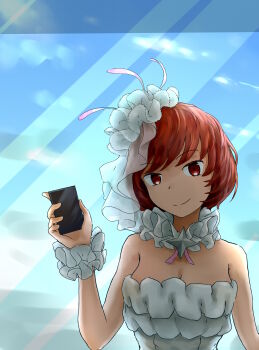 1girl absurdres blue_sky breasts cleavage cloud collar detached_collar dion_fortune dress flower frilled_collar frilled_dress frills hair_flower hair_ornament highres holding looking_at_viewer red_hair ribbon short_hair sky sleeveless sleeveless_dress smile solo strapless strapless_dress tatararashi toaru_majutsu_no_index toaru_majutsu_no_index:_new_testament upper_body veil white_dress white_veil