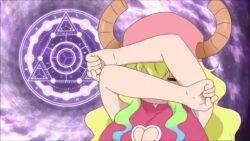 age_difference animated anime_screenshot audible_speech between_breasts blonde_hair blush bouncing_breasts breast_focus breasts cleavage cuddling dragon_girl dragon_horns embarrassed english_audio head_between_breasts hetero horns huge_breasts kobayashi-san_chi_no_maidragon lucoa_(maidragon) magatsuchi_shouta molestation multicolored_hair onee-shota purple_eyes purple_hair shota size_difference sleeping sound tagme video