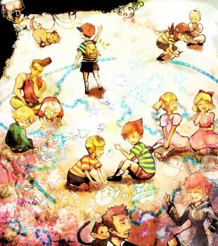 3girls 6+boys ana_(mother) backpack bad_id bad_pixiv_id bag black_hair blonde_hair boney brown_hair child claus_(mother_3) duster_(mother) glasses hat jeff_andonuts kumatora lloyd_(mother) lucas_(mother_3) monkey mother_(series) mother_1 mother_2 mother_3 multiple_boys multiple_girls ness_(mother_2) ninten nintendo paula_(mother_2) pink_hair poo_(mother_2) porky_minch quiff randoseru salsa_(mother) sin_(hitonatsu) smile teddy_(mother) twintails white_hair