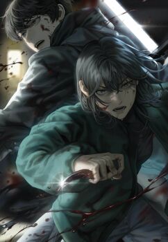 1boy 1girl back-to-back black_eyes black_hair black_jacket blackbox_(blackbox9158) blood blood_on_clothes blood_on_face blood_splatter bob_cut ceiling_light fighting_stance glint green_hoodie han_sooyoung highres holding holding_knife hood hood_down hoodie jacket kim_dokja knife official_art omniscient_reader's_viewpoint open_mouth serious short_hair third-party_source