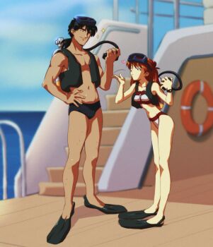 1boy 1girl age_difference amondetauro bikini black_male_swimwear blowing_kiss breasts diving_mask flippers goggles highres kaji_ryouji long_hair male_swimwear mature_male medium_breasts multicolored_bikini neon_genesis_evangelion orange_hair oxygen_tank red_bikini ship souryuu_asuka_langley sparkle standing swimsuit two-tone_bikini watercraft white_bikini
