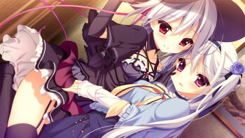 2girls chrysoberyl dutch_angle elbow_gloves flower frills game_cg garter_straps gloves hair_flower hair_ornament hair_ribbon hat hug kami_no_ue_no_mahou_tsukai leg_up multiple_girls purple_eyes red_eyes ribbon skirt smile thighhighs uguisu_kagura white_hair witch_hat yuugyouji_yoruko