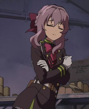 10s 1girl animated animated_gif anime_screenshot belt black_skirt closed_eyes crossed_arms female_focus gloves hiiragi_shinoa indoors long_hair owari_no_seraph purple_hair skirt solo uniform white_gloves