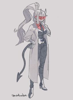 1girl black_boots black_necktie black_tail black_vest boots breasts coat commentary demon_girl demon_horns demon_tail english_commentary full_body hand_on_own_chin helltaker high_heel_boots high_heels high_ponytail highres horns lab_coat long_hair loremaster_(helltaker) mechanical_arms necktie noah_(tettsui-sole) ponytail prosthesis red-tinted_eyewear red_goggles red_shirt shirt simple_background solo tail tinted_eyewear twitter_username vest white_coat white_hair white_horns