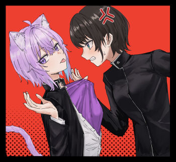 2girls :p ahoge alternate_costume anger_vein angry animal_ear_fluff black_border black_choker blue_hair blush border brown_hair cat_choker cat_girl cat_tail choker clenched_teeth clothes_grab colored_inner_hair crossed_bangs dot_nose double-parted_bangs from_side furrowed_brow gakuran grabbing_another's_shirt halftone halftone_background hands_up hololive jacket long_sleeves looking_at_another looking_at_viewer looking_to_the_side medium_hair multicolored_hair multiple_girls nekomata_okayu oozora_subaru open_clothes open_jacket open_mouth partially_open_shirt profile purple_eyes purple_hair purple_shirt red_background school_uniform shino_12a shirt short_hair sidelocks sweat tail teeth tongue tongue_out turning_head upper_body virtual_youtuber white_shirt white_trim