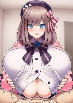 Rule 34 | 1boy, :3, ^^^, beret, blue gem, blurry, blurry background, blush, bow, breasts, cardigan, censored, center frills, collared shirt, commentary request, commission, emp (denjipgre), frilled shirt, frilled shirt collar, frills, gem, green eyes, hair ornament, hairclip, hat, hat pin, highres, huge breasts, indoors, looking at viewer, medium hair, mosaic censoring, nijisanji, open mouth, paizuri, penis, pink bow, pink cardigan, pink ribbon, purple bow, purple hat, purple ribbon, ribbon, shirt, skeb commission, smile, solo focus, striped bow, striped ribbon, suzuhara lulu, suzuhara lulu (1st costume), virtual youtuber, white shirt