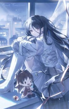 Rule 34 | 1girl, absurdres, black hair, boots, character doll, crossed arms, curtains, doll, gloves, grey skirt, highres, hugging own legs, indoors, jacket, knees up, long hair, long sleeves, looking at viewer, night, original, pleated skirt, purple eyes, sitting, skirt, solo, thigh boots, thighhighs, very long hair, watermark, white jacket, white thighhighs, window