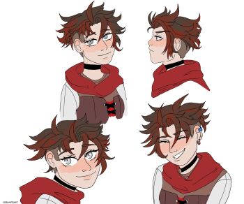 1girl alternate_hair_length alternate_hairstyle black_choker black_hair blush choker closed_eyes closed_mouth commentary ear_piercing earrings english_commentary eyelashes grey_eyes highres hood hood_down jewelry multicolored_hair multiple_views piercing red_hair ruby_rose rwby short_hair simple_background smile solarvertexart two-tone_hair undercut very_short_hair white_background