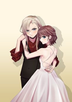 2girls absurdres alternate_hairstyle back blue_eyes brown_hair commentary_request dress frown girls_band_cry grey_eyes grey_hair highres iseri_nina kawaragi_momoka killtenshi light_blush long_hair looking_at_viewer medium_hair multiple_girls shadow shirt simple_background vest yellow_background yuri