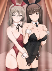 Rule 34 | 2girls, animal ears, black gloves, black leotard, black necktie, black ribbon, black thighhighs, blunt bangs, blush, breasts, brown eyes, brown hair, closed mouth, covered navel, cowboy shot, detached collar, fake animal ears, fake tail, girls und panzer, gloves, hug, hug from behind, inoshira, large breasts, leotard, long hair, looking at viewer, mature female, multiple girls, neck ribbon, necktie, nishizumi shiho, playboy bunny, rabbit ears, rabbit tail, red leotard, red thighhighs, ribbon, shimada chiyo, smile, standing, straight hair, strapless, strapless leotard, tail, thighhighs, twitter username, wrist cuffs