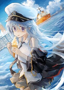 absurdres aqua_hair azur_lane black_jacket black_necktie black_skirt blue_sky closed_mouth collared_shirt commentary_request cowboy_shot day dutch_angle emblem enterprise_(azur_lane) floating_hair food hands_up hat highres holding holding_ice_cream_cone ice_cream ice_cream_cone jacket long_hair looking_at_viewer necktie ocean off_shoulder outdoors purple_eyes sailor_hat ship shirt skirt sky sleeveless sleeveless_shirt soft_serve straight_hair tongue tongue_out tsushima_sora water watercraft white_hat white_shirt wing_collar