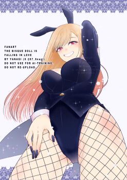 1girl 87_8nagi absurdres animal_ears arm_up black_leotard black_nails blonde_hair blush breasts colored_tips commentary_request cowboy_shot fake_animal_ears fishnet_pantyhose fishnets from_below gluteal_fold grin groin hand_on_own_thigh highleg highleg_leotard highres kitagawa_marin large_breasts leotard long_hair long_sleeves looking_at_viewer looking_down multicolored_hair nail_polish pantyhose pink_eyes playboy_bunny rabbit_ears smile solo sono_bisque_doll_wa_koi_wo_suru tailcoat tailcoat_playboy_bunny thighs twitter_username watermark