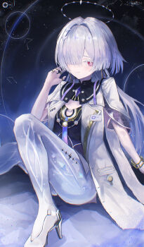 Rule 34 | 1girl, absurdres, breasts, chromatic aberration, closed mouth, colored eyelashes, commentary, constellation, dress, earrings, grey hair, hair intakes, hair over one eye, halo, hand up, high heels, highres, id card, jacket, jewelry, k4ja0002, knees up, long hair, looking at viewer, mornye (wuthering waves), purple dress, red eyes, see-through body, sitting, sky, small breasts, smile, solo, star (sky), starry sky, tacet mark (wuthering waves), triangle earrings, white jacket, wuthering waves