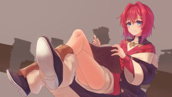 1girl absurdres ange_katrina ange_katrina_(1st_costume) ankle_boots black_boots black_coat blue_eyes blush book book_on_lap book_stack boots brown_background cardigan closed_mouth coat colored_shoe_soles commentary_request crossed_legs dress foreshortening full_body hair_between_eyes hair_intakes hair_ornament hands_up highres holding holding_book long_sleeves looking_at_viewer medium_hair mihyaeeru nijisanji off_shoulder open_book red_cardigan red_hair short_dress sitting smile solo split_mouth triangle_hair_ornament virtual_youtuber white_dress