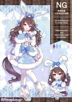 1girl absurdres admire_vega_(umamusume) alternate_costume animal_ears blue_bow blue_capelet blue_dress blush boots bow brown_hair capelet commentary_request crescent_moon dress drill_hair ear_covers fur-trimmed_capelet fur_trim hair_between_eyes hat highres holding horse_ears horse_girl horse_tail lolita_fashion long_hair long_sleeves moon moon_print open_mouth pantyhose peteron purple_eyes shoes smile socks sparkle star_(symbol) star_print tail umamusume white_pantyhose white_socks