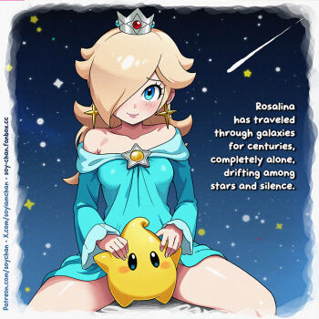 1girl artist_name bare_shoulders blonde_hair blue_dress blue_eyes blush breasts closed_mouth collarbone commentary crown dress earrings english_text fanbox_username hair_over_one_eye jewelry long_hair long_sleeves looking_at_viewer luma_(mario) mario_(series) mini_crown nintendo off-shoulder_dress off_shoulder patreon_username rosalina silver_crown sitting small_breasts solo soy-chan star_(sky) starry_sky_background super_mario_galaxy twitter_username