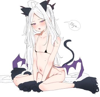 1girl absurdres ahoge bikini blue_archive demon_girl demon_horns demon_wings highres hina_(blue_archive) horns long_hair low_wings micro_bikini navel showtime775 simple_background sitting solo swimsuit very_long_hair white_background white_hair wings