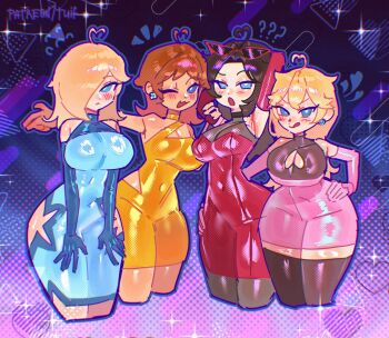 4girls ? ?? ^^^ ahoge artist_name black_hair blonde_hair blue_dress blue_eyes blush breasts cleavage dark-skinned_female dark_skin dress earrings eyewear_on_head flying_sweatdrops hair_over_one_eye hand_on_own_hip highres jewelry large_breasts long_hair looking_at_viewer mario_(series) medium_breasts multiple_girls nintendo one_eye_closed open_mouth pauline_(mario) pink_dress princess_daisy princess_peach red_dress rosalina smile sunglasses tongue tongue_out trait_connection tuiffff yellow_dress