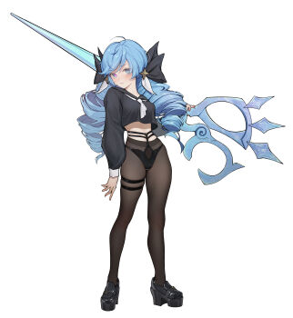 1girl absurdres black_panties black_sailor_collar black_shirt black_shoes blue_eyes blue_hair blush brown_pantyhose drill_hair gg_amang gwen_(league_of_legends) hair_ribbon highres holding holding_scissors league_of_legends long_sleeves oversized_object panties panties_over_pantyhose pantyhose ribbon sailor_collar school_uniform scissors serafuku shirt shoes solo twin_drills underwear