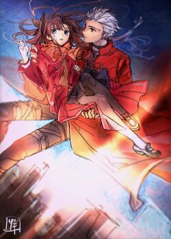 Rule 34 | 1boy, 1girl, archer (fate), black bodysuit, black bow, black pantyhose, black skirt, blue eyes, blue sky, bodysuit, bow, bowtie, brown hair, brown sweater vest, building, buttons, carrying, city, closed mouth, coat, dark-skinned male, dark skin, day, fate/stay night, fate (series), feet out of frame, fingernails, floating clothes, floating hair, flying, full body, gradient sky, grey eyes, grey hair, hair between eyes, hair bow, hand on another's shoulder, hand up, hands up, highres, jacket, lapels, long sleeves, looking to the side, miniskirt, open clothes, open jacket, orange bow, orange bowtie, orange scarf, outdoors, pantyhose, pleated skirt, princess carry, red coat, red jacket, scarf, shoes, short hair, sidelocks, skirt, sksk sn09, sky, skyscraper, spiked hair, sun, sunlight, sweater vest, teeth, thigh strap, tohsaka rin, two side up, white shoes