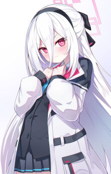 1girl black_hairband black_jacket black_skirt blazer blue_archive blush bright_pupils commentary double-parted_bangs hair_between_eyes hairband half_updo halo highres jacket kei_(blue_archive) kei_(new_body)_(blue_archive) long_hair long_sleeves looking_at_viewer pink_eyes pleated_skirt ringed_eyes shinori_(efvbji6264) skirt solo v-shaped_eyebrows very_long_hair white_hair white_jacket white_pupils