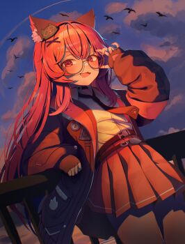 1girl absurdres adjusting_eyewear against_railing animal_ear_fluff animal_ears black_choker black_gloves black_jacket black_necktie blue_sky choker collared_shirt commentary dessin56902 evening fingerless_gloves fingernails flat_chest glasses gloves hair_ornament hand_up highres jacket light_blush long_fingernails long_hair long_sleeves looking_at_viewer nanally_(nte) necktie neverness_to_everness open_mouth outdoors pink_eyes pink_hair pink_skirt railing round_eyewear shirt shirt_tucked_in skirt sky smile solo tiger_ears tiger_girl white_shirt