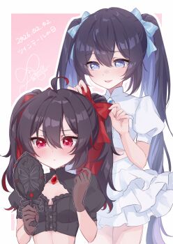 2girls absurdres ahoge alternate_costume black_gloves black_hair black_shrug blue_eyes blue_hair commentary_request crop_top dated dual_persona gloves highres holding holding_mirror honkai_(series) honkai_impact_3rd looking_at_mirror mirror multicolored_hair multiple_girls pink_background red_eyes red_hair revision rinna_(xxrinna) seele_(alter_ego) seele_vollerei seele_vollerei_(herrscher_of_rebirth) shirt shrug_(clothing) skirt translation_request twintails two-tone_hair white_shirt white_skirt