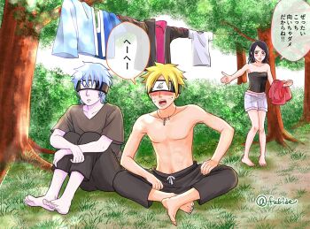 Rule 34 | 1girl, 2boys, bare shoulders, barefoot, black eyes, black hair, black tube top, blindfold, blonde hair, blue hair, boruto: naruto next generations, bush, commentary request, forehead protector, highres, indian style, jewelry, matsu (fu6ide2), mitsuki (naruto), multiple boys, naruto (series), necklace, no eyewear, pale skin, pointing, short shorts, shorts, sitting, strapless, topless male, translation request, tree, tube top, twitter username, uchiha sarada, uzumaki boruto