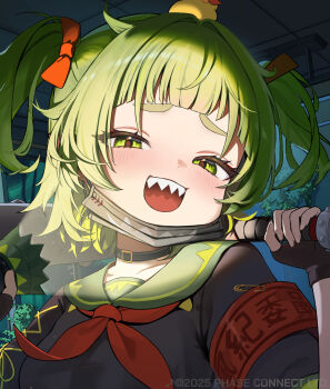 1girl animal animal_on_head armband baseball_bat bird bird_on_head black_shirt copyright_notice doyagao duck emma_0215 flashlight green_eyes green_hair green_sailor_collar hair_ribbon highres holding holding_baseball_bat holding_flashlight mask mask_pull mouth_mask neckerchief nitya_nil on_head open_mouth phase_connect red_armband red_neckerchief red_ribbon ribbon safety_pin sailor_collar sharp_teeth shirt smug solo teeth two_side_up upper_body upper_teeth_only virtual_youtuber