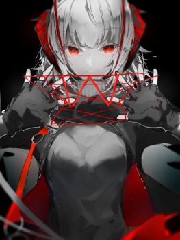 1girl antenna_hair arknights black_gloves black_jacket black_scarf breasts demon_horns dinned fingerless_gloves gloves grey_hair grey_shirt highres holding holding_string horns jacket large_breasts looking_at_viewer monochrome open_clothes open_jacket red_eyes red_horns scarf shirt short_hair smile solo spot_color string upper_body w_(arknights)