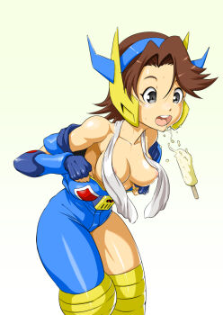 areola_slip breasts brown_hair ffnf fingerless_gloves food gacky_(robot_girls_z) gloves grey_eyes horns medium_breasts medium_hair popsicle robot_girl robot_girls_z skin_tight_clothing surprised thick_thighs thighs towel towel_around_neck undressing