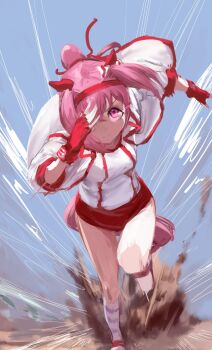 1girl animal_ears bow breasts buruma closed_mouth dirt ear_bow ear_covers eye_trail fingerless_gloves flower-shaped_pupils flower_in_eye gloves hairband haru_urara_(bestest_prize)_(umamusume) haru_urara_(umamusume) headband highres horse_ears horse_girl horse_tail inishie_kumo jacket light_trail long_hair looking_at_viewer open_clothes open_jacket pink_buruma pink_eyes pink_hair pink_headband ponytail red_buruma red_gloves red_headband running shirt shoes socks solo striped_clothes striped_socks symbol-shaped_pupils symbol_in_eye tail umamusume white_jacket white_shirt