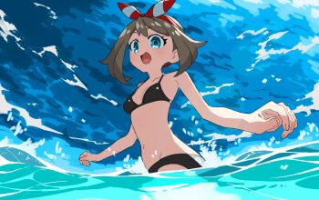 1girl ahoge ashikare bare_shoulders bikini black_bikini blue_background blue_eyes bow brown_hair commentary_request hair_bow highres looking_up may_(pokemon) navel nintendo ocean open_mouth outdoors pokemon pokemon_omega_ruby_and_alpha_sapphire red_bow short_hair solo splashing standing stomach swimsuit wading water wet white_bow