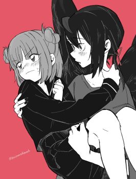 Rule 34 | 1boy, 1girl, averting eyes, bird boy, bird wings, blush, carrying, commentary request, double bun, feathered wings, greyscale with colored background, hair bun, hetero, highres, korisumochi, looking at another, low ponytail, original, pink background, ponytail, princess carry, school uniform, serafuku, short hair, simple background, wings