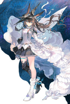 1girl absurdres amiya_(arknights) amiya_(guard)_(arknights) amiya_(guard)_(in_a_myriad_of_universes)_(arknights) animal_ears arknights asymmetrical_footwear black_boots black_hat black_skirt blue_eyes boots brown_hair chinese_commentary closed_mouth commentary_request dress floating_hair full_body hat high_heel_boots high_heels highres jewelry long_hair long_sleeves looking_at_viewer miniskirt mismatched_footwear multiple_rings pleated_skirt puffy_long_sleeves puffy_sleeves rabbit_ears rabbit_girl ring skirt solo standing white_boots white_dress xue_lang_po_jun_qianqi