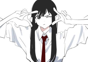 1girl black_hair closed_mouth collared_shirt food_court_de_mata_ashita highres long_hair necktie needbee_r one_eye_closed red_necktie school_uniform shirt solo upper_body v wada_(food_court)