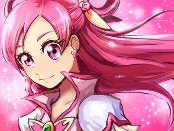 00s 1girl brooch cure_dream earrings female_focus hair_rings jewelry light_particles long_hair magical_girl nyaasora pink_background pink_eyes pink_hair precure smile solo upper_body yes!_precure_5 yes!_precure_5_gogo! yumehara_nozomi
