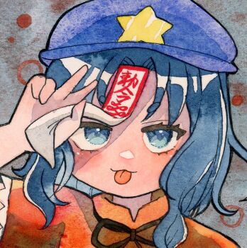 1girl black_ribbon blue_eyes blue_hair blush closed_mouth commentary_request grey_background hat hat_ornament jiangshi looking_at_viewer miyako_yoshika neck_ribbon newsboy_cap ofuda ofuda_lift orange_shirt painting_(medium) portrait pppppks purple_hat ribbon shirt short_hair smile solo star_(symbol) star_hat_ornament tongue tongue_out touhou traditional_media watercolor_(medium)