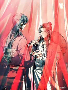 Rule 34 | 2boys, artist name, bandaged arm, bandaged neck, bandages, belt, black hair, bug, butterfly, chinese clothes, curtains, hanfu, hat, hat on back, highres, holding hands, hua cheng, insect, jewelry, long hair, long sleeves, looking at another, male focus, multiple boys, red hanfu, robe, silver belt, standing, straw hat, tianguan cifu, to dot , topknot, unworn hat, unworn headwear, white hanfu, wide sleeves, xie lian, yaoi