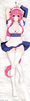 1girl absurdres apron artist_name bed_sheet blue_dress blue_eyes blue_sleeves bra breasts cleavage closed_mouth collarbone dakimakura_(medium) detached_sleeves dress frilled_apron frills gloves hair_between_eyes highres koutetsu_tenshi_kurumi kurumi_(koutetsu_tenshi_kurumi) long_hair looking_at_viewer luiiferdev lying maid maid_apron maid_headdress on_back open_clothes panties pink_hair ponytail smile solo thighhighs underwear very_long_hair white_apron white_bra white_gloves white_panties white_thighhighs